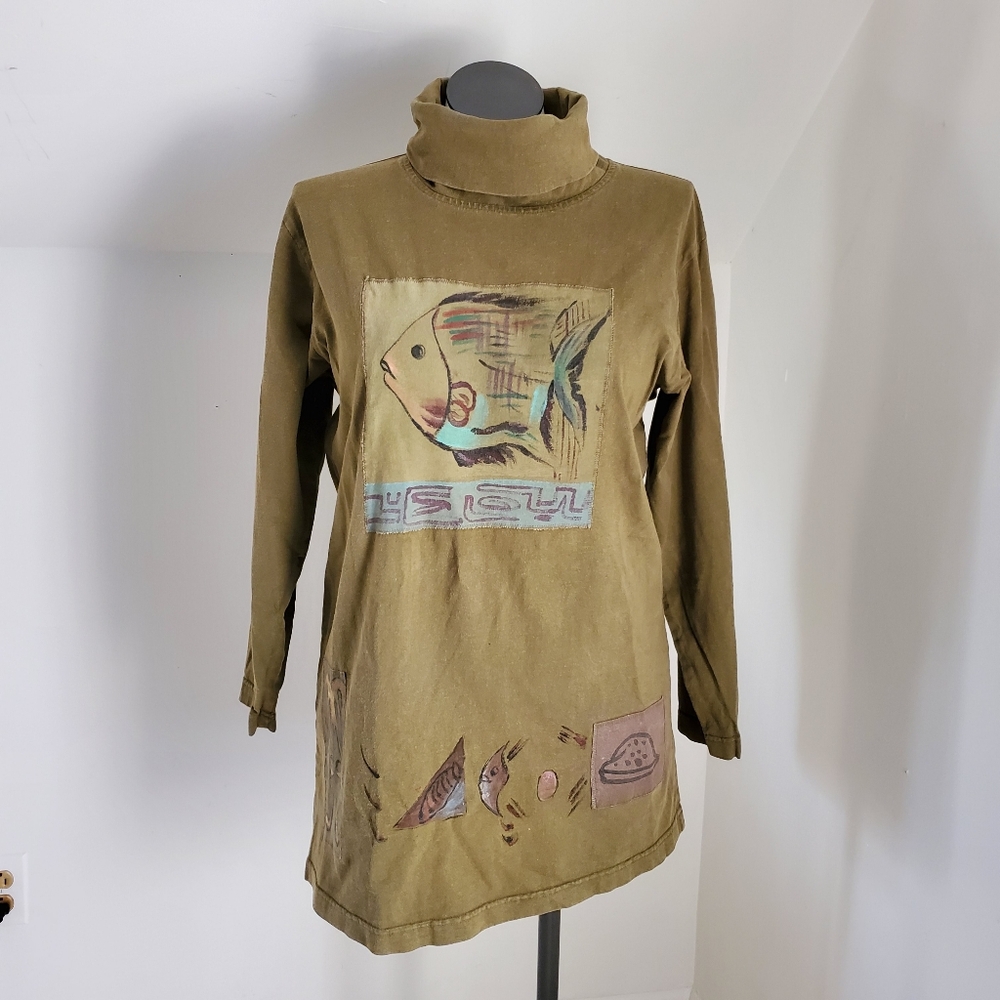 Hand Painted Artisinal Olive Moss Green Cowl Neck Tunic Top Size S-L Fish Motif